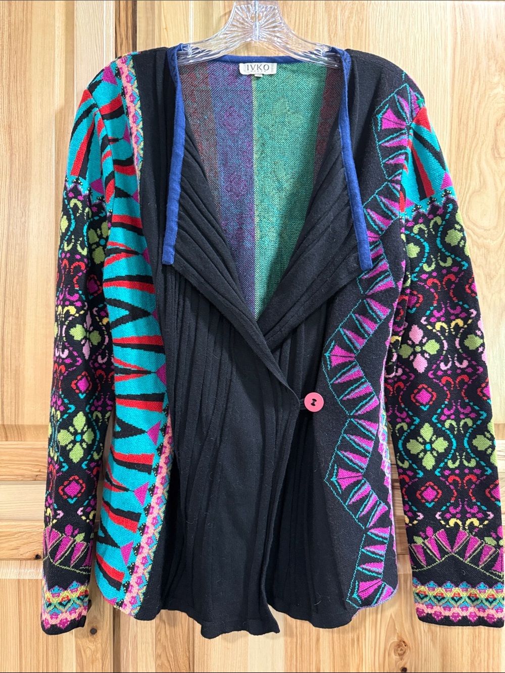 IVKO Women’s Sz 14 Wool Black Multicolor Artsy Boho Knit Wrap Cardigan